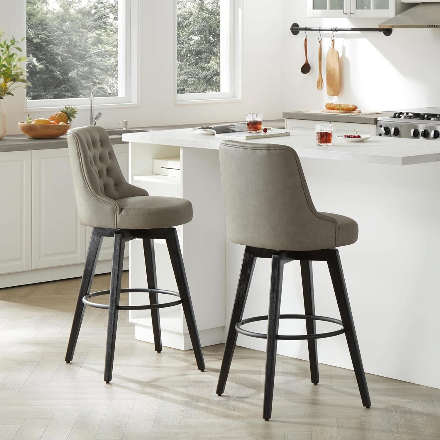 Bar Stool 30 Inch Stone Grey Upholstered 360 Degree Swivel