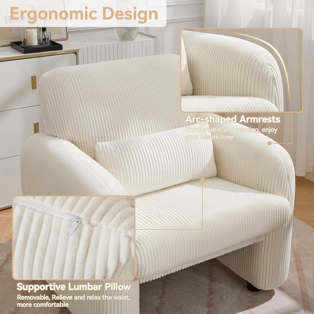 Corduroy Upholstered Accent Chair White Lumbar Pillow