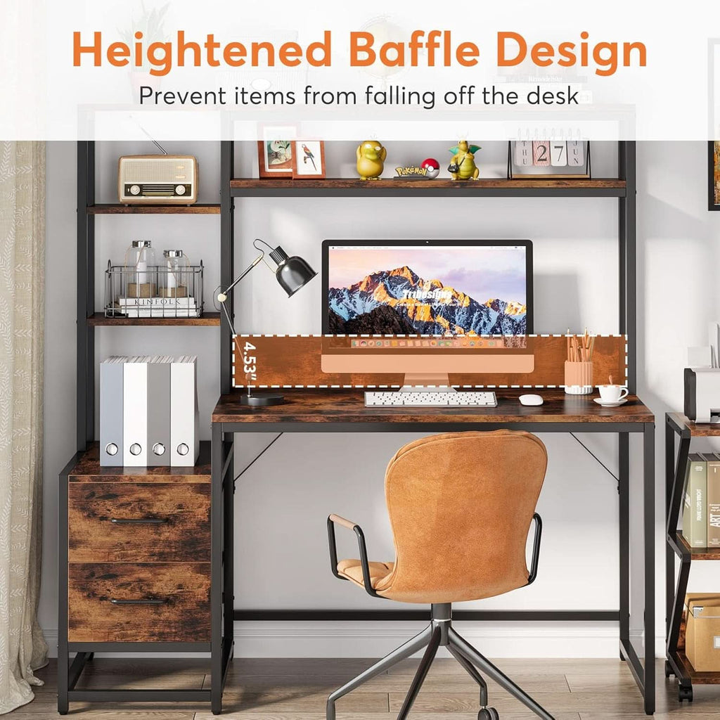 55 Inch Rustic Brown Computer Desk With Drawers And Shelves