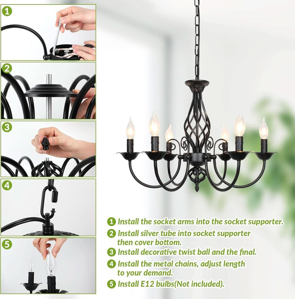 Six Light Matte Black Farmhouse Ceiling Chandelier Fixture