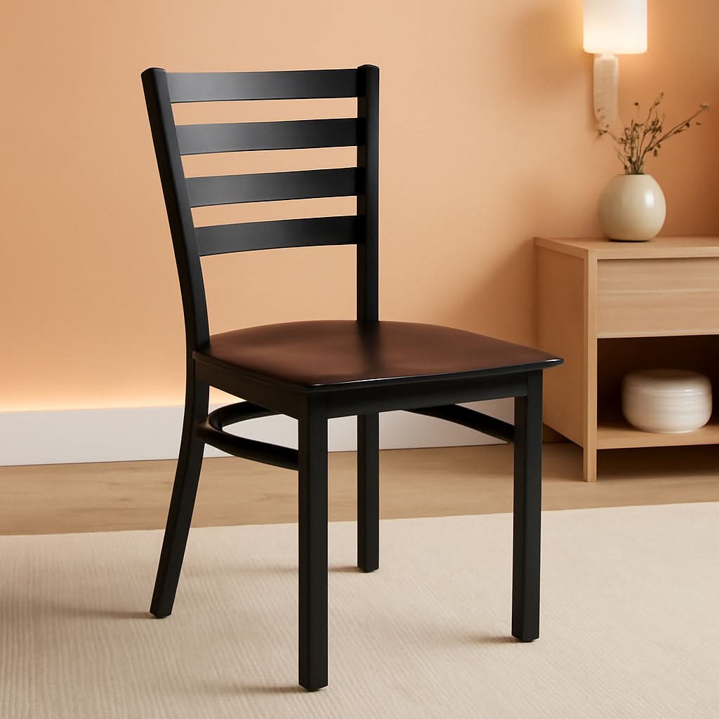 Two Pack Hercules Series Black Ladder Back Metal Restaurant Chairs With Walnut Wood Seats