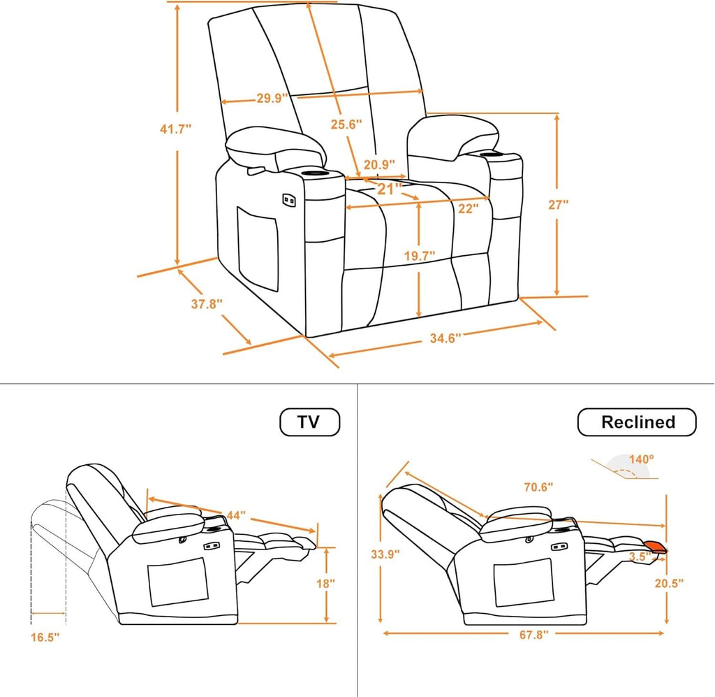 Grey Fabric Electric Recliner Chair With Heat And Vibration