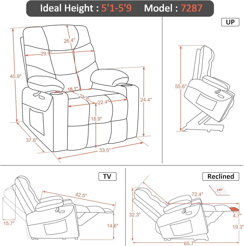 Power Lift Recliner Chair Dark Gray With Extended Footrest