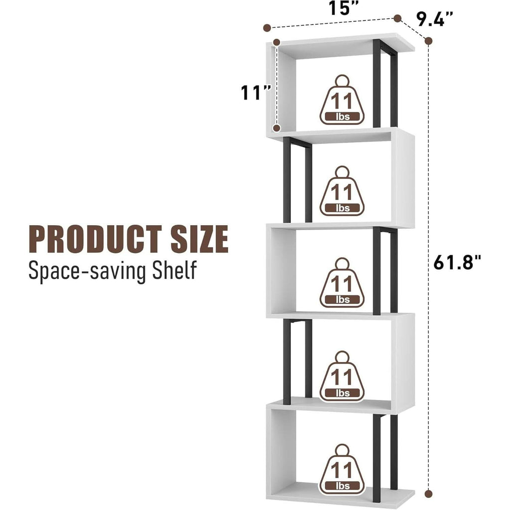 Five Tier Bookshelf White Bookcase Living Room Furniture