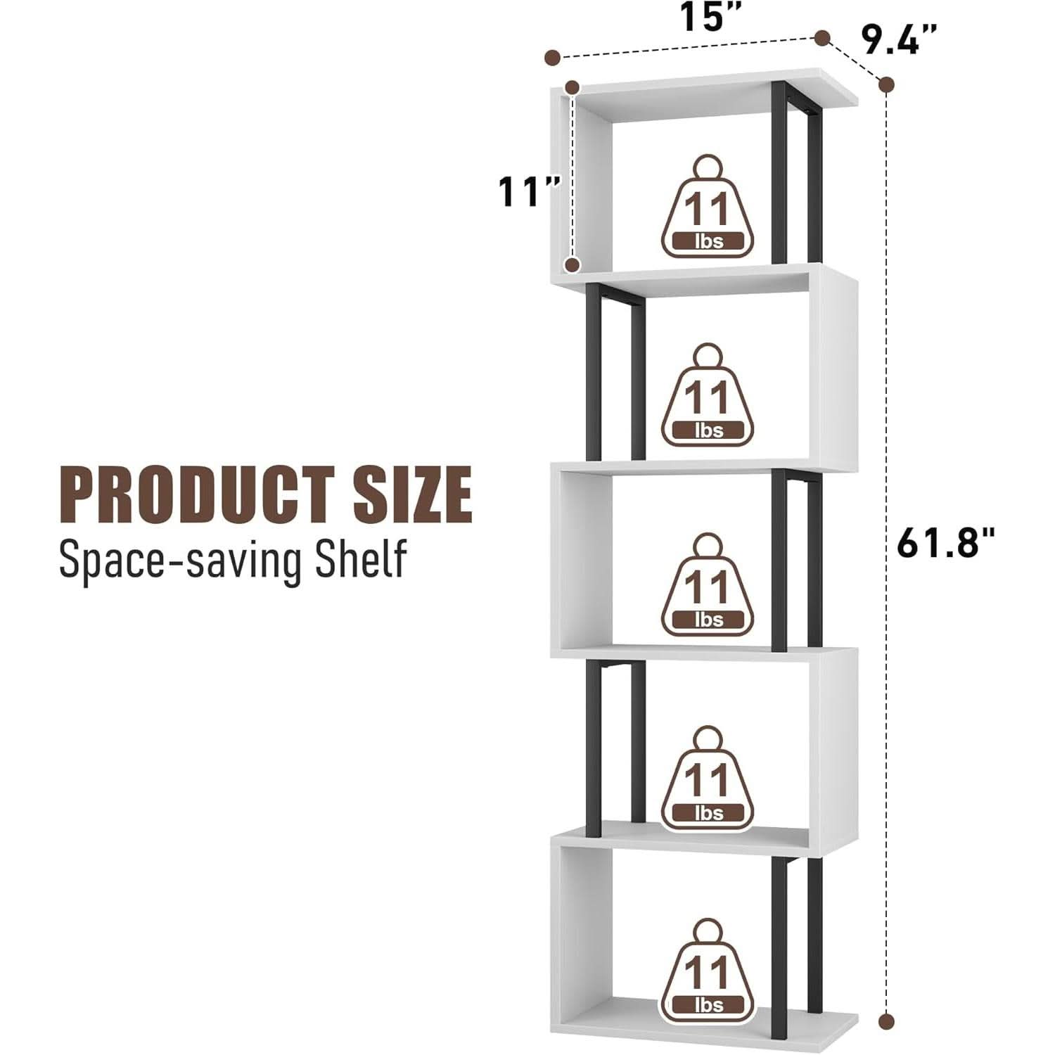 Five Tier Bookshelf White Bookcase Living Room Furniture