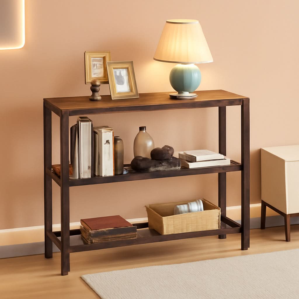 Rustic Console Table 47.25 Inch Long With Mesh Shelves