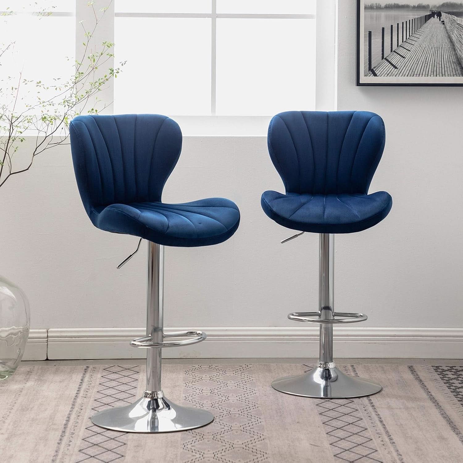 Blue Velvet Adjustable Swivel Bar Stools Set of 2 Modern
