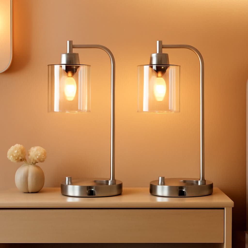 Set Of 2 Industrial Table Lamps With Glass Shade And Stepless Dimming