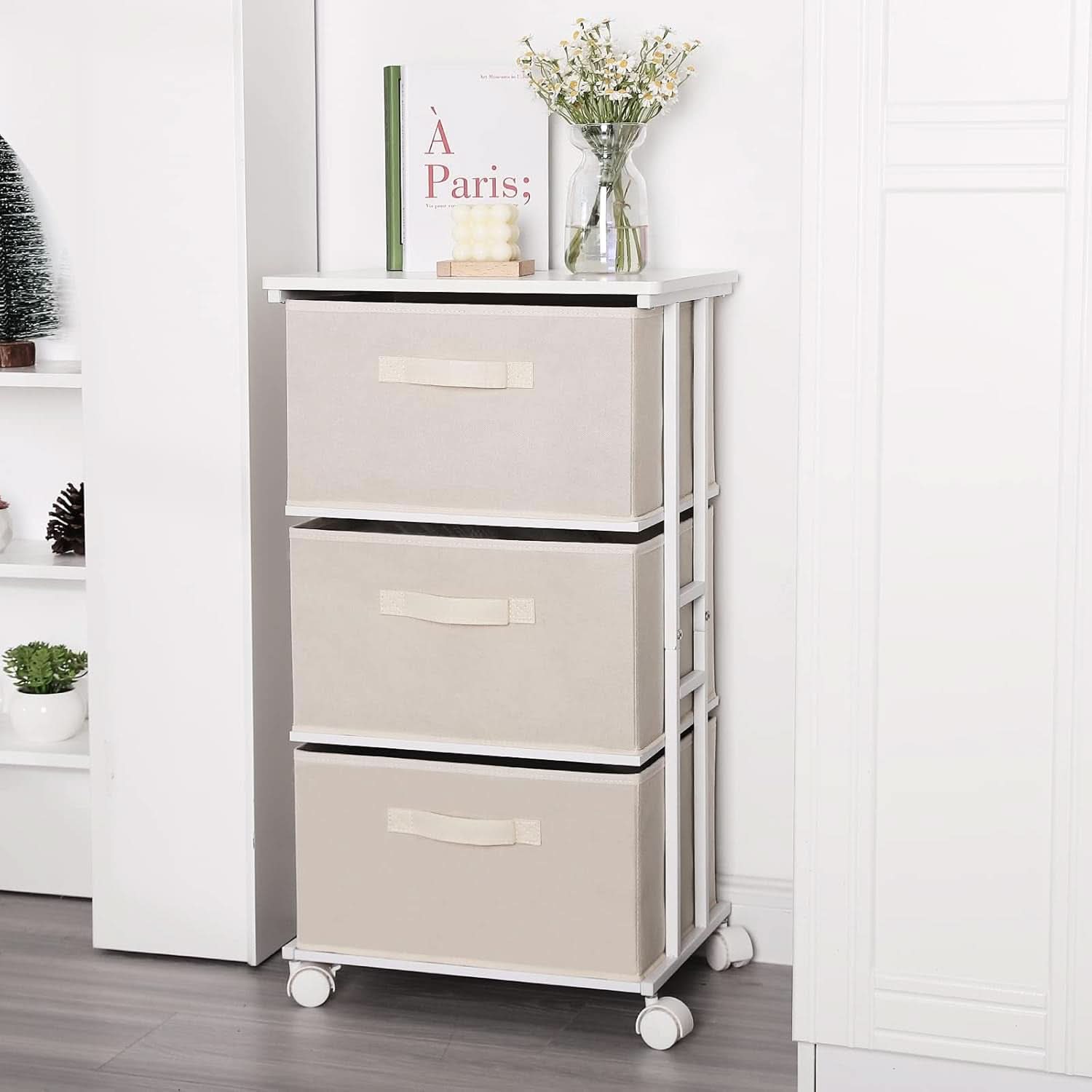 Beige Dresser Tower With 3 Drawers And Wood Top Fabric