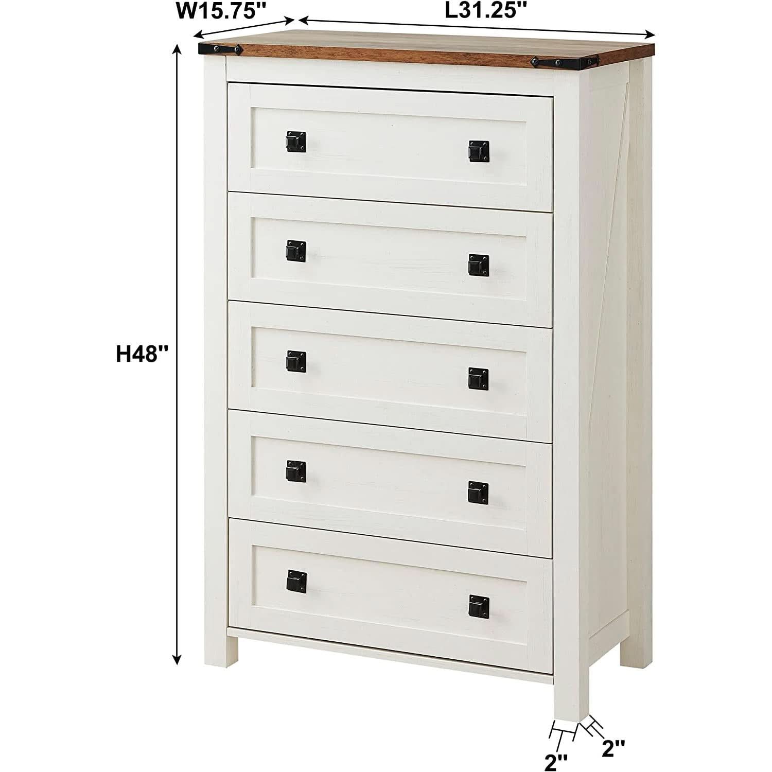 Antique White Rustic 5 Drawer Dresser For Bedroom Storage