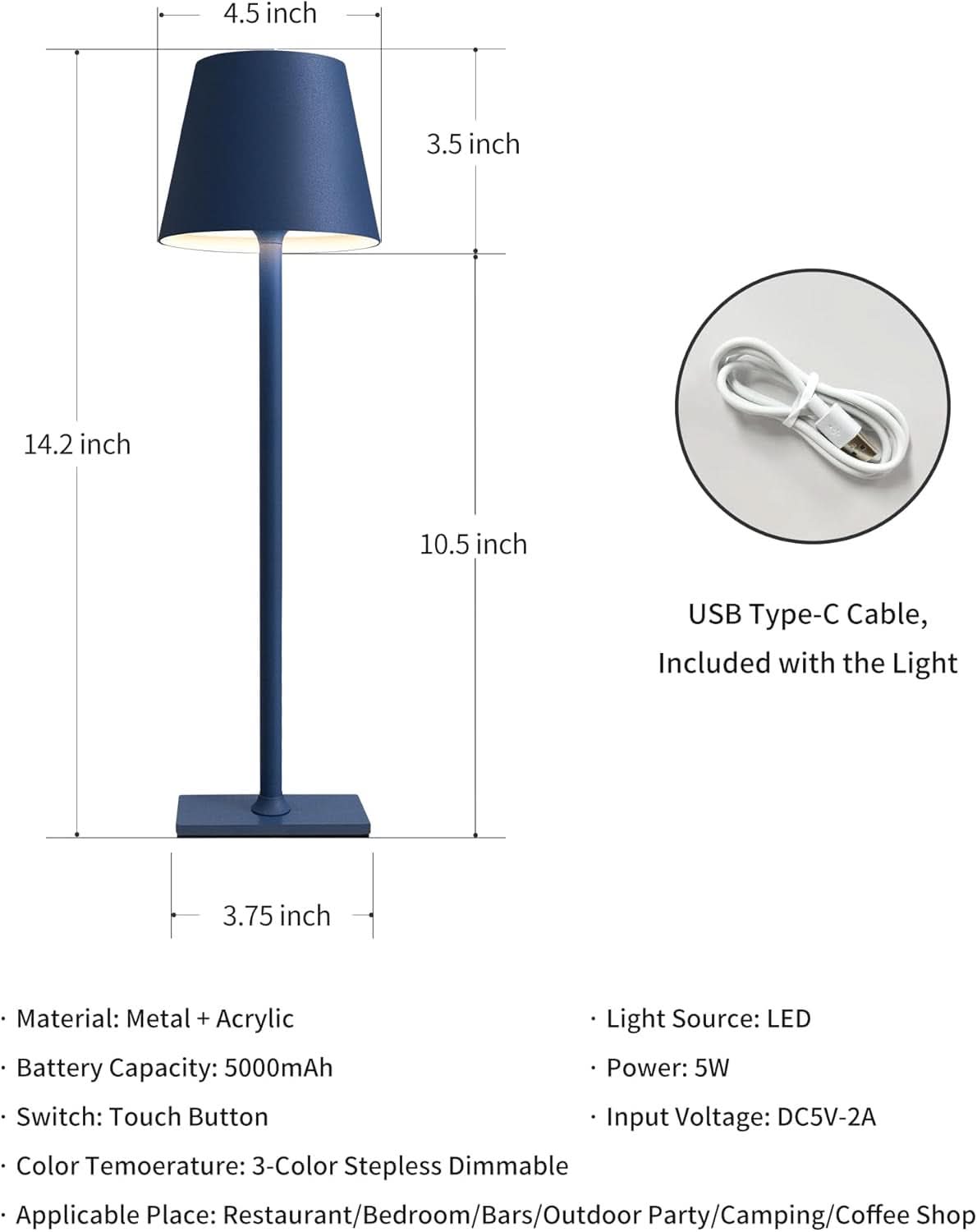 2 Pack Cordless Rechargeable LED Desk Lamp With 3 Color Stepless Dimming Blue For Home Office And Outdoor Settings