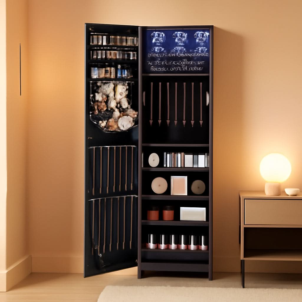 47.2 Inch Tall Black Lockable Mirror Jewelry Cabinet