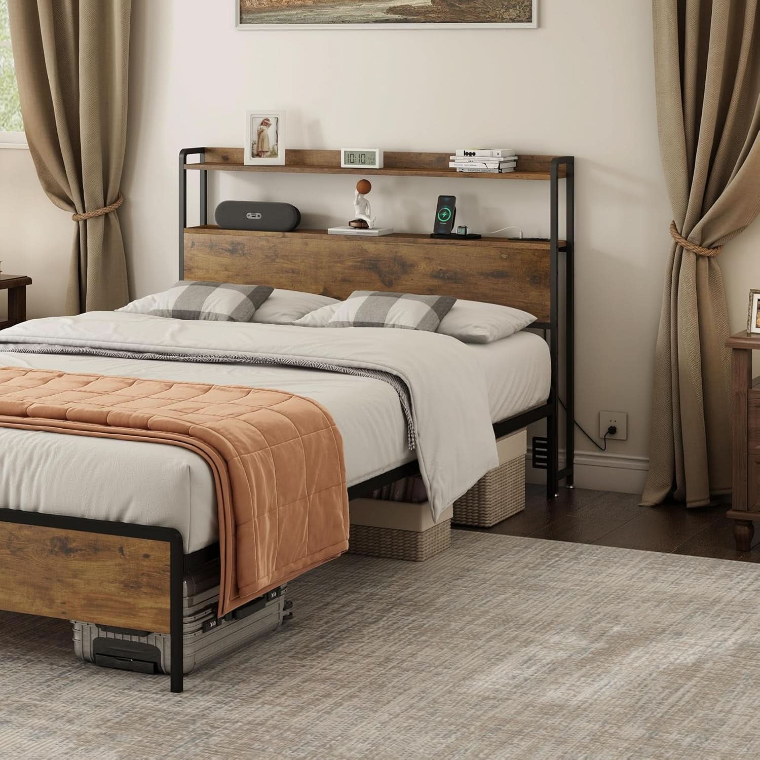 Adjustable Full Size Headboard with USB Ports and Storage