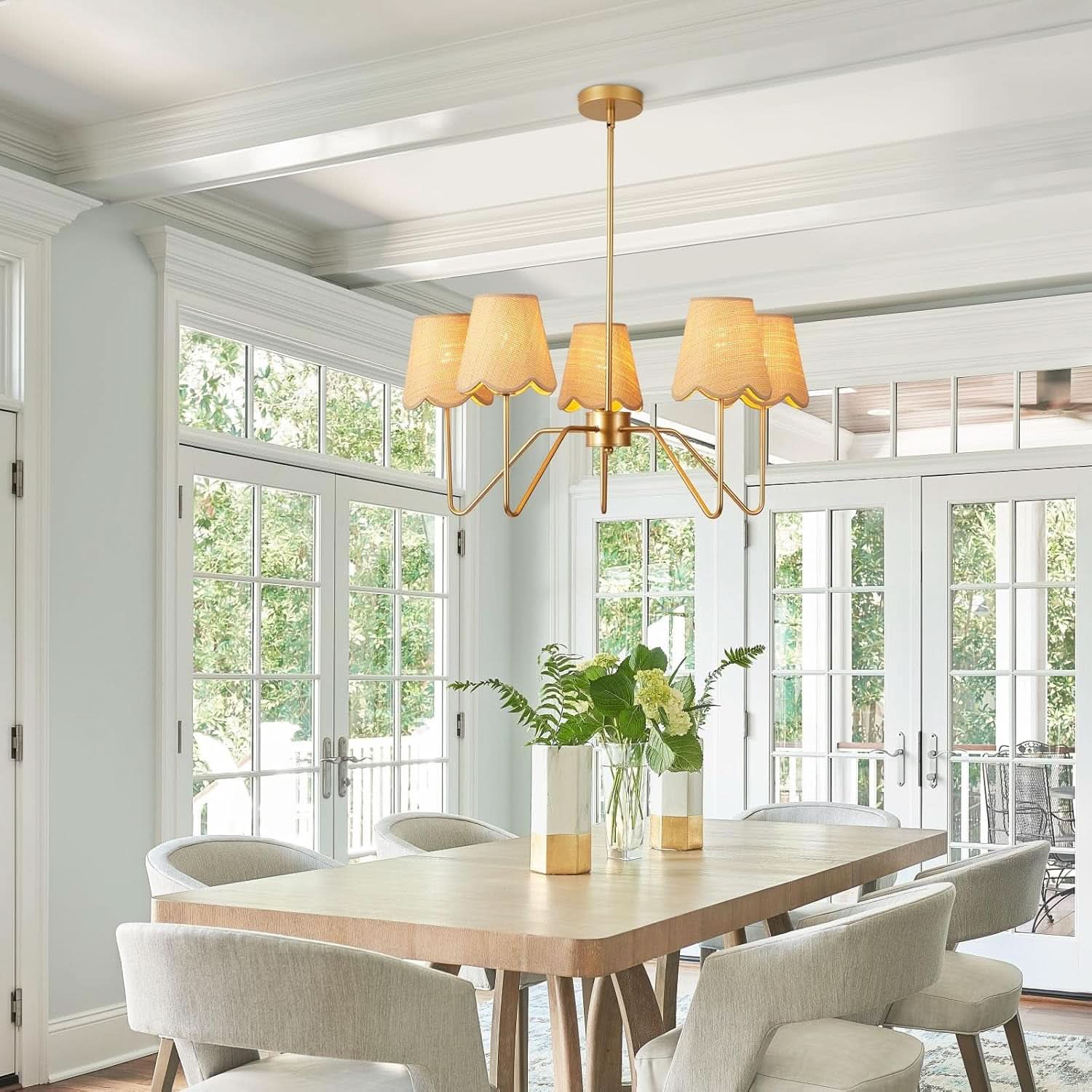 28 Inch Rattan Chandelier Antique Brass Five Light Pendant With Flower Shade Lamps