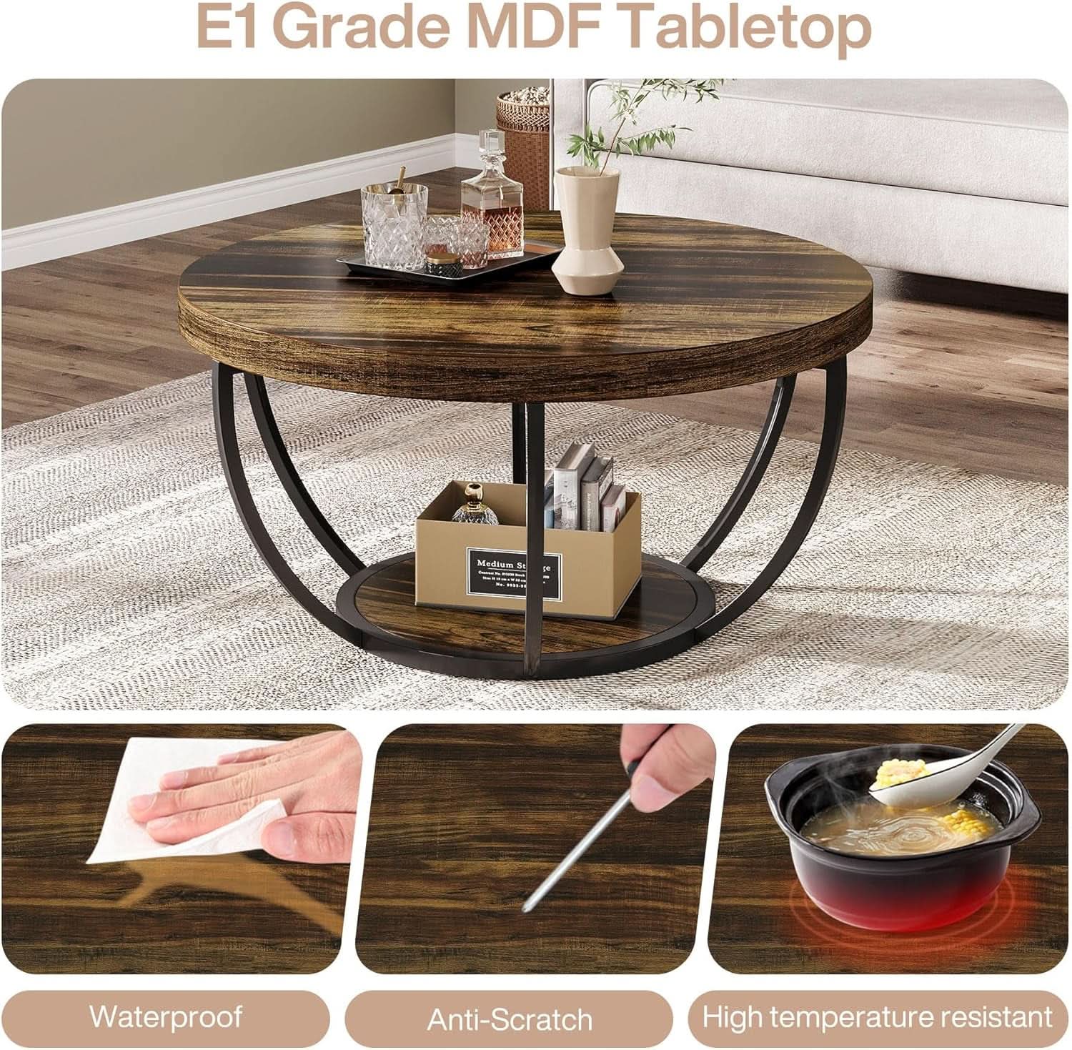 Round Coffee Table 31.7Inches Rustic Brown Storage
