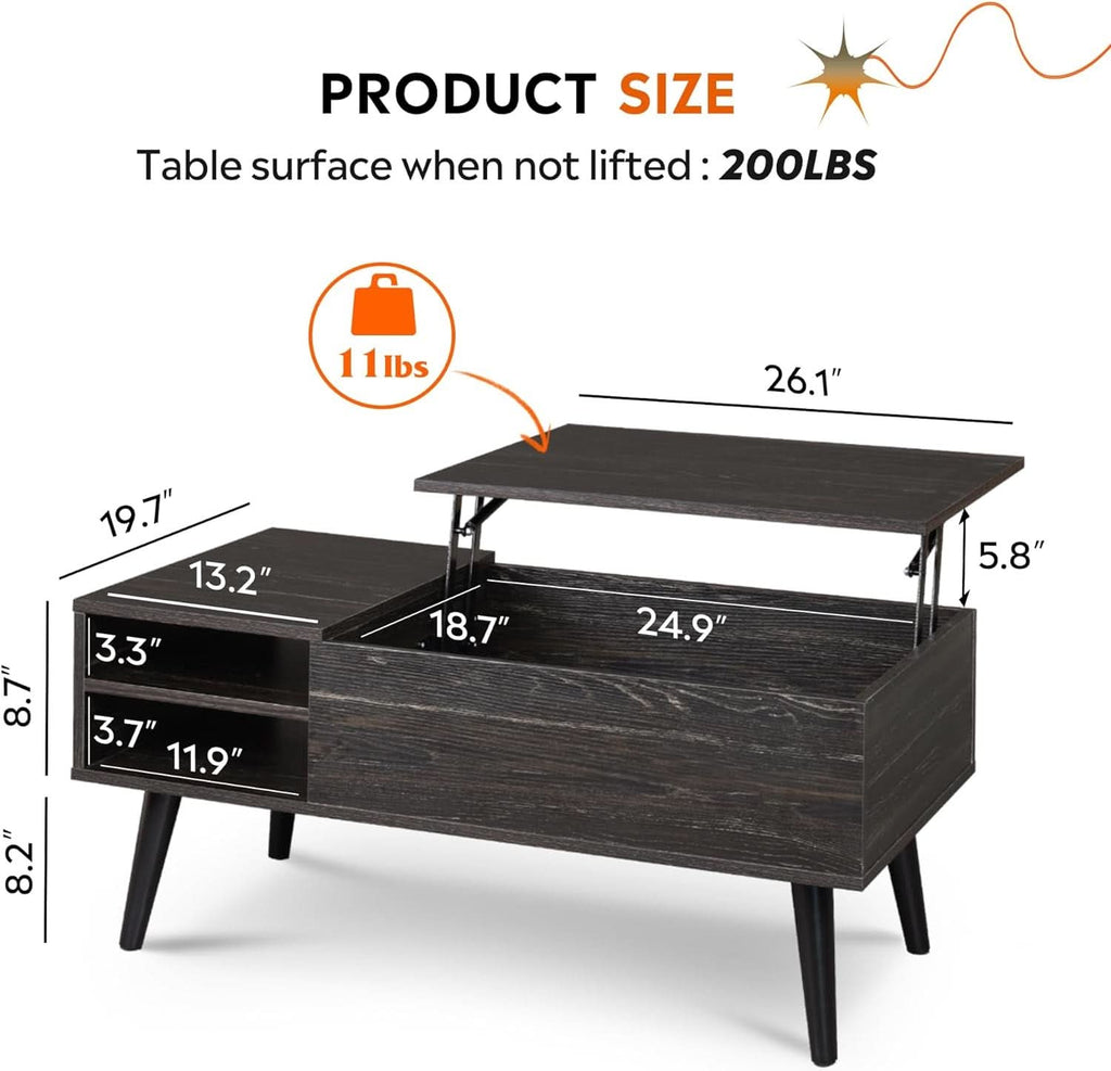 Wood Lift Top Coffee Table Hidden Compartment Charcoal