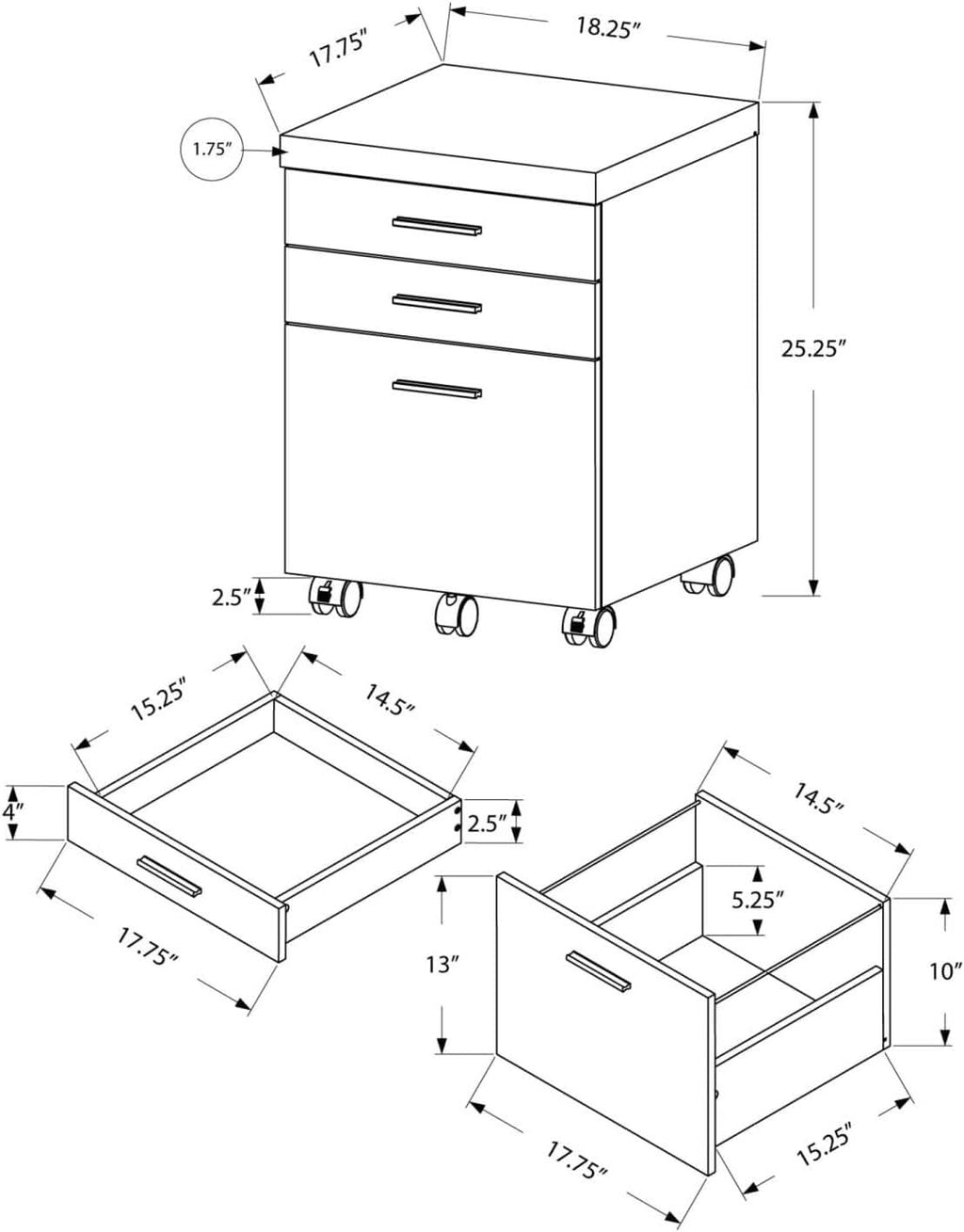 I 7401 Rolling File Cabinet 3-Drawer Gray Laminate