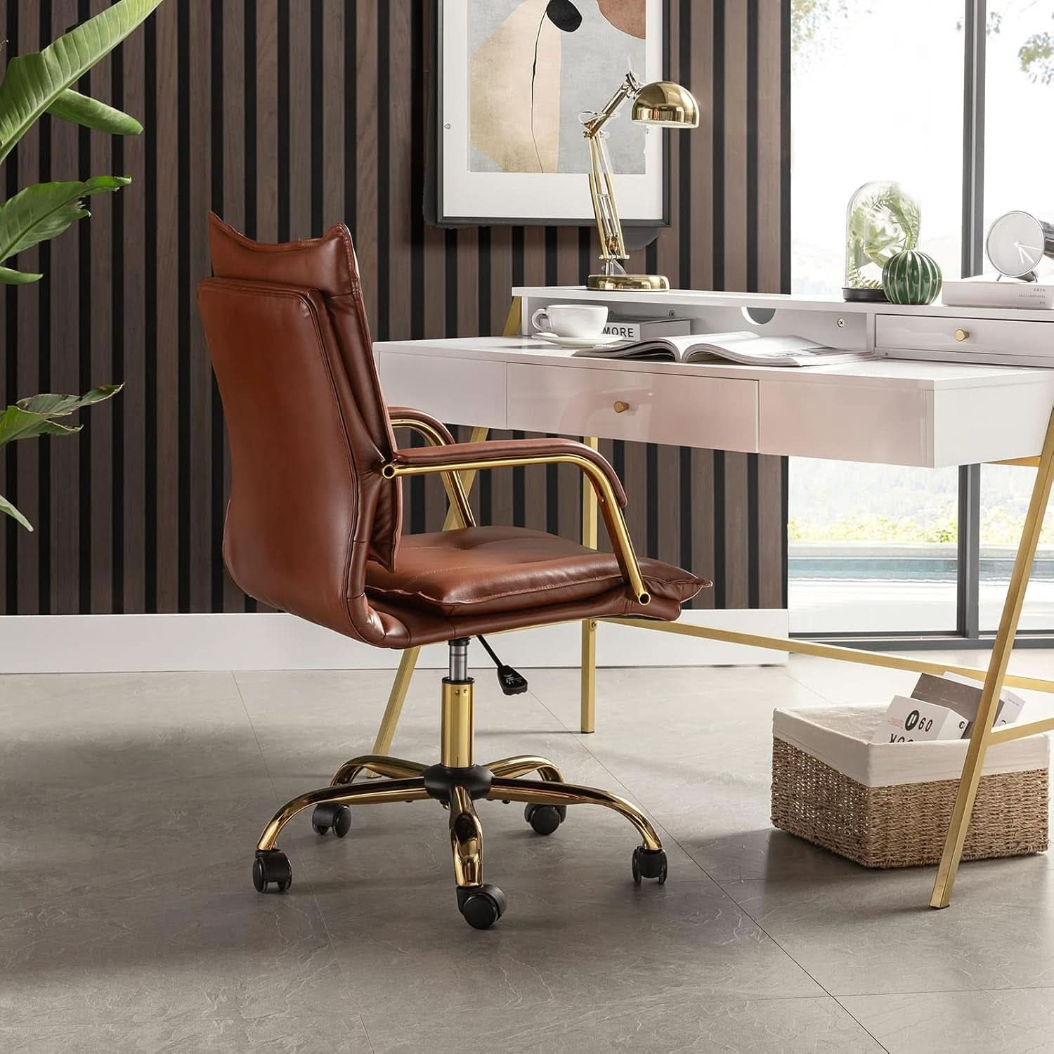 Faux Leather Home Office Desk Chair Adjustable Height Brown