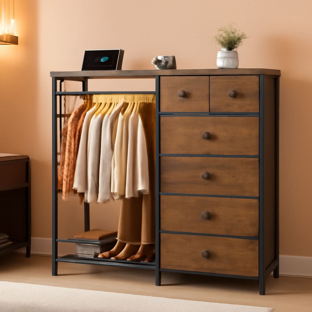 Brown Walnut Storage Dresser With RGB Lighting 49 Inch Wide