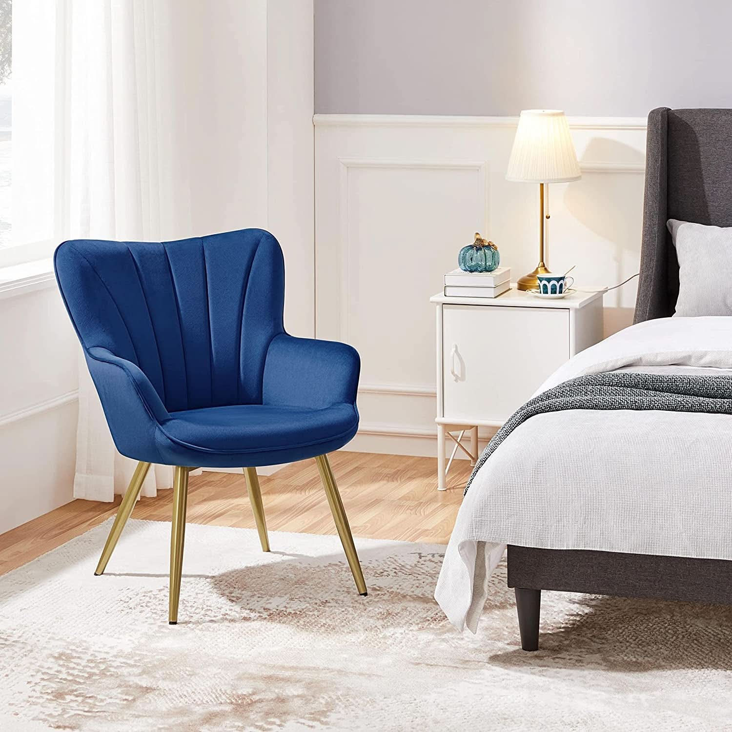 Blue Velvet Wingback Chair With Metal Legs For Living Room