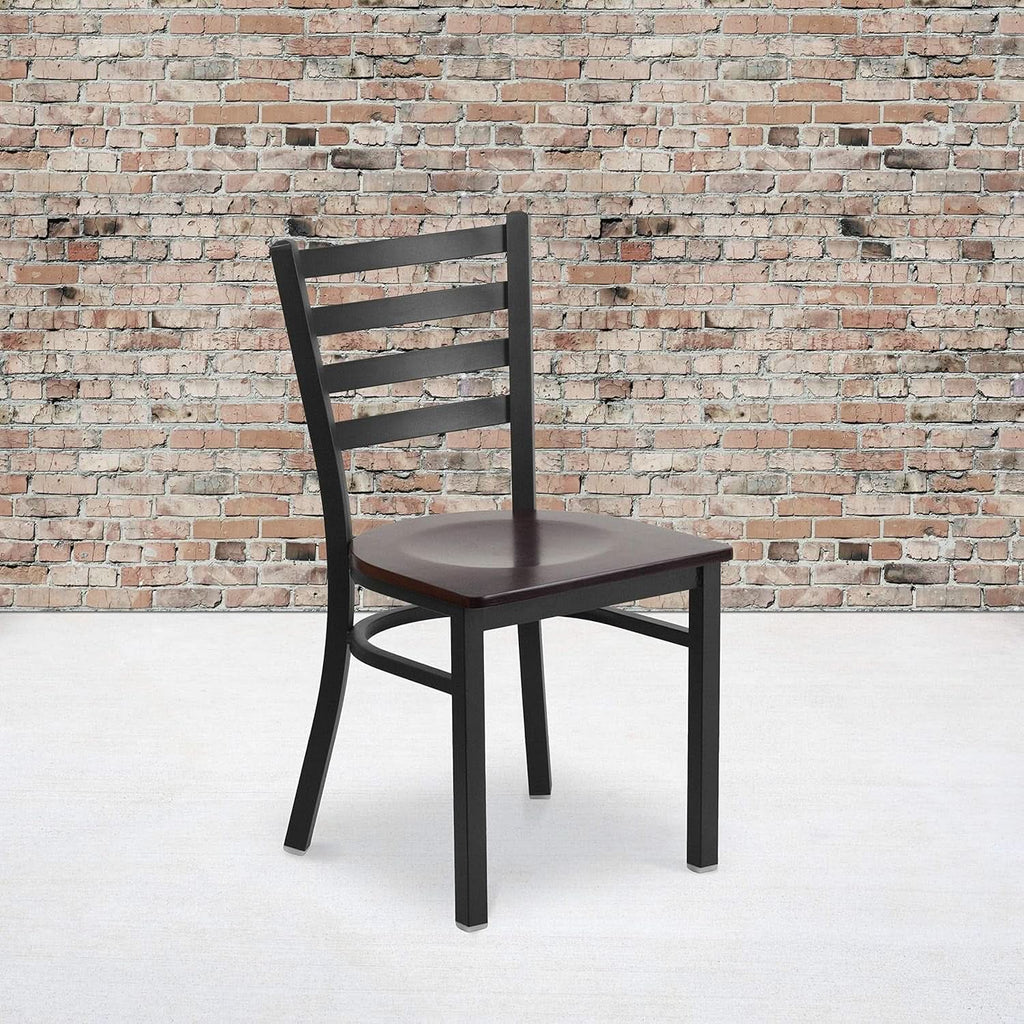 Two Pack Hercules Series Black Ladder Back Metal Restaurant Chairs With Walnut Wood Seats