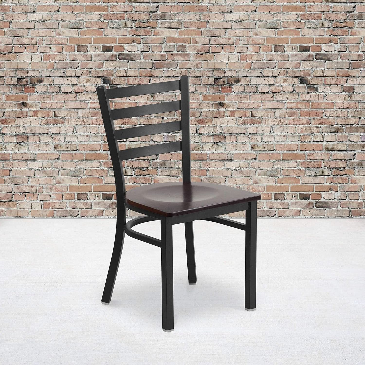 Two Pack Hercules Series Black Ladder Back Metal Restaurant Chairs With Walnut Wood Seats