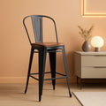 26 Inch Swivel Bar Stools Set Of 4 With Large Wooden Seat Matte Black High Back Design