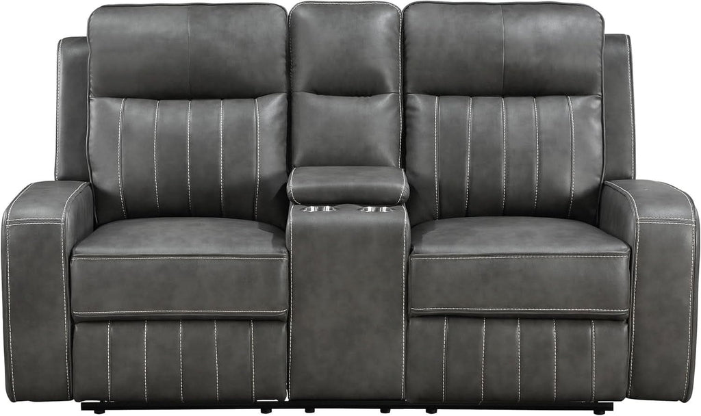 Gray Faux Leather Reclining Loveseat With Manual Recline