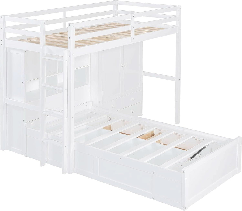 White Twin Over Twin Bunk Bed With Drawers And Wardrobe