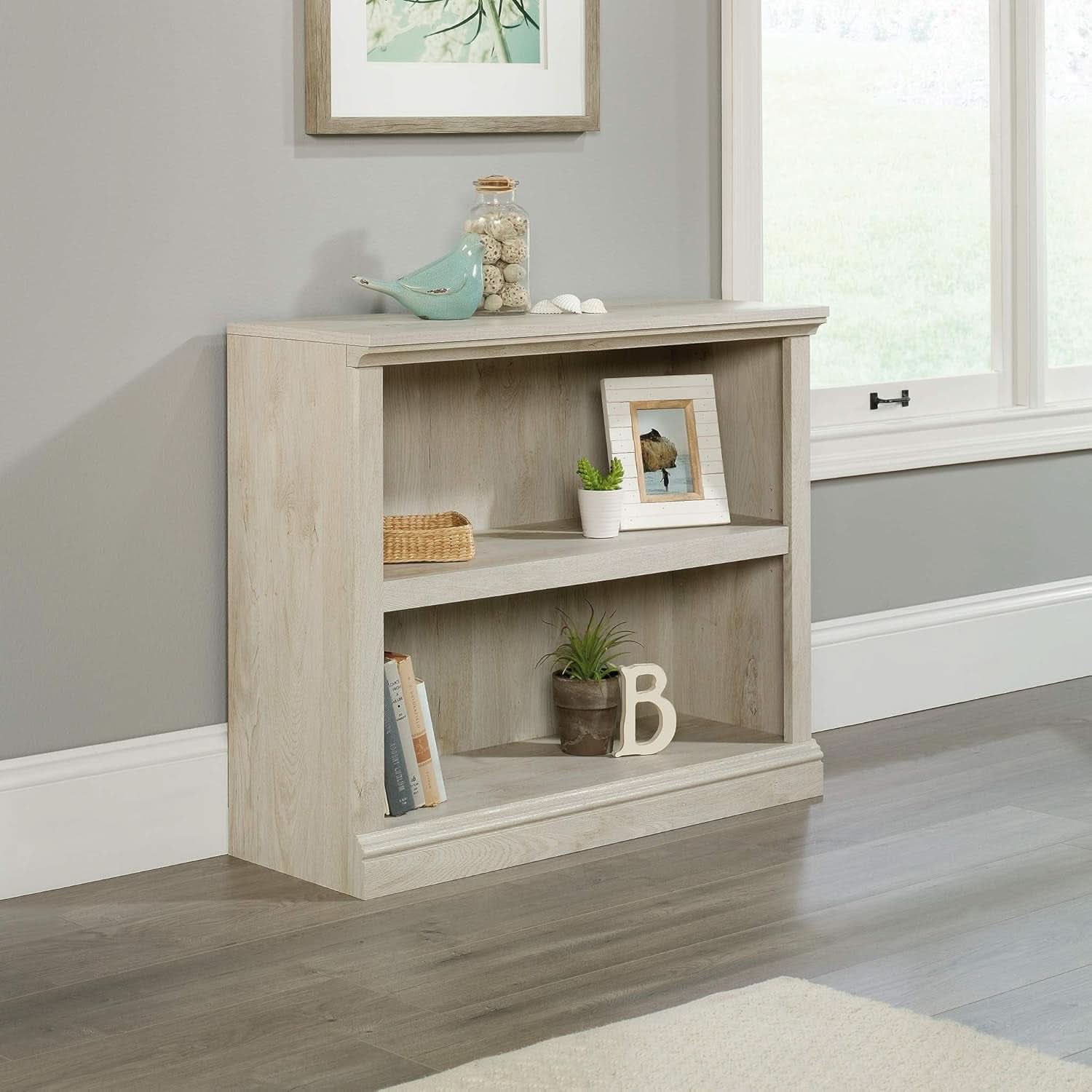 2 Tier Wooden Bookcase Chalked Chestnut Finish Multipurpose For Home Office Living Room