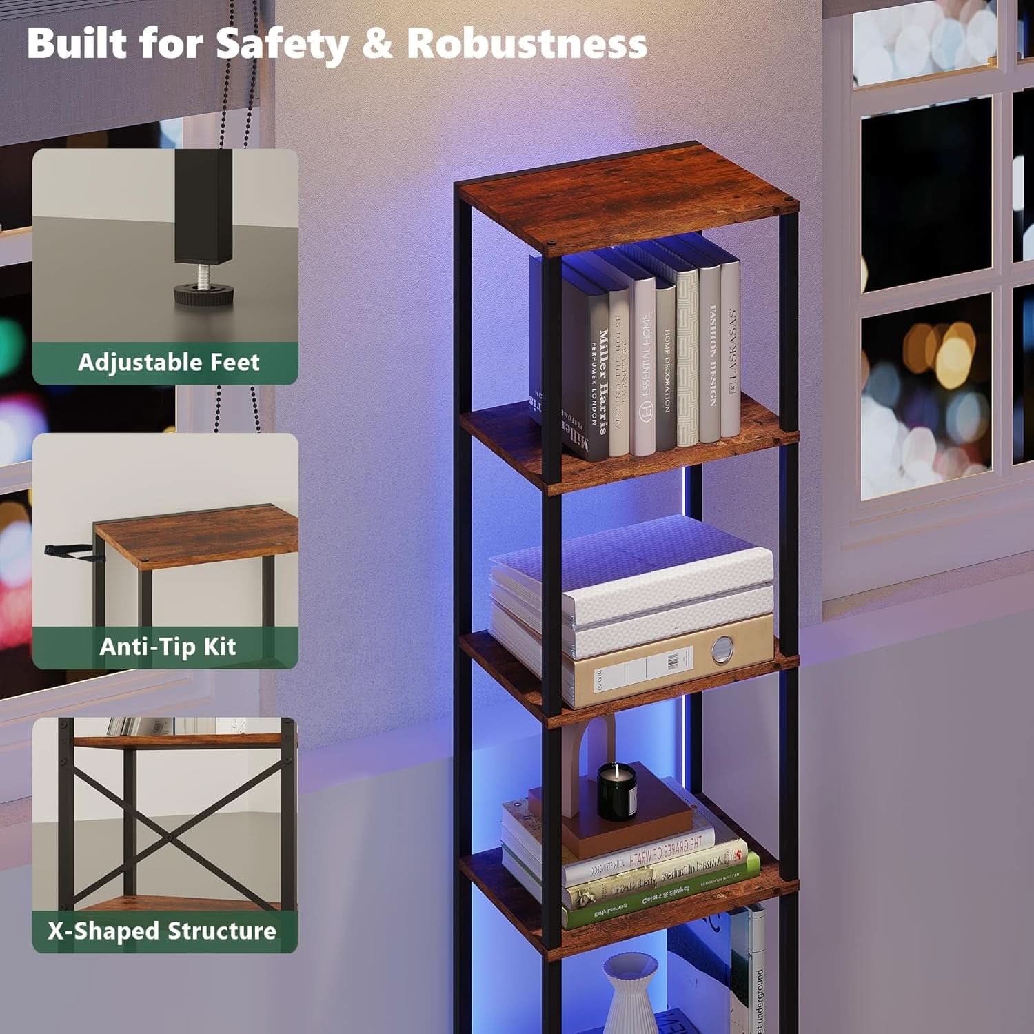 6 Tier Bookshelf With LED Lights In Rustic Brown Living Room