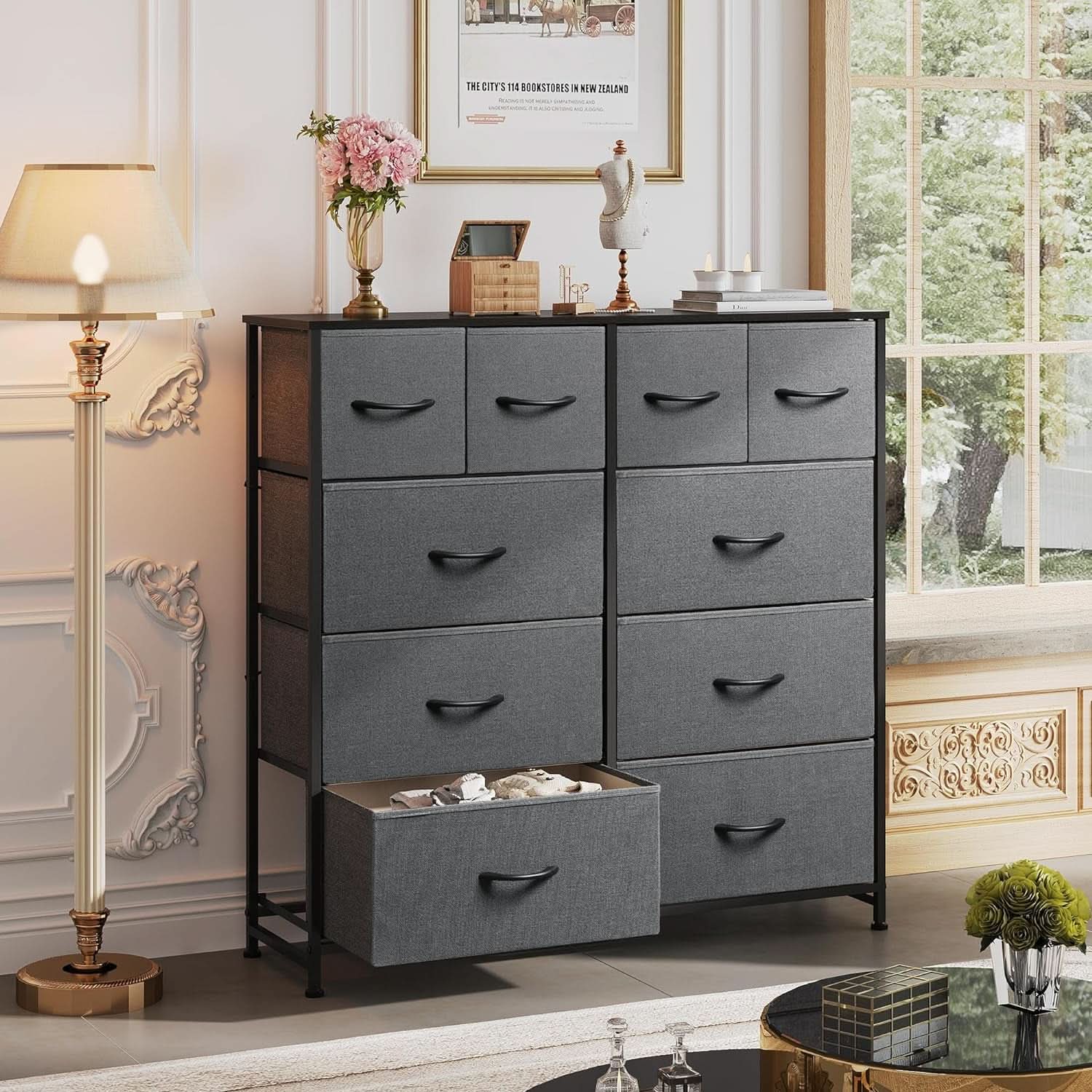 Dark Grey Fabric Dresser With 10 Drawers For Bedroom