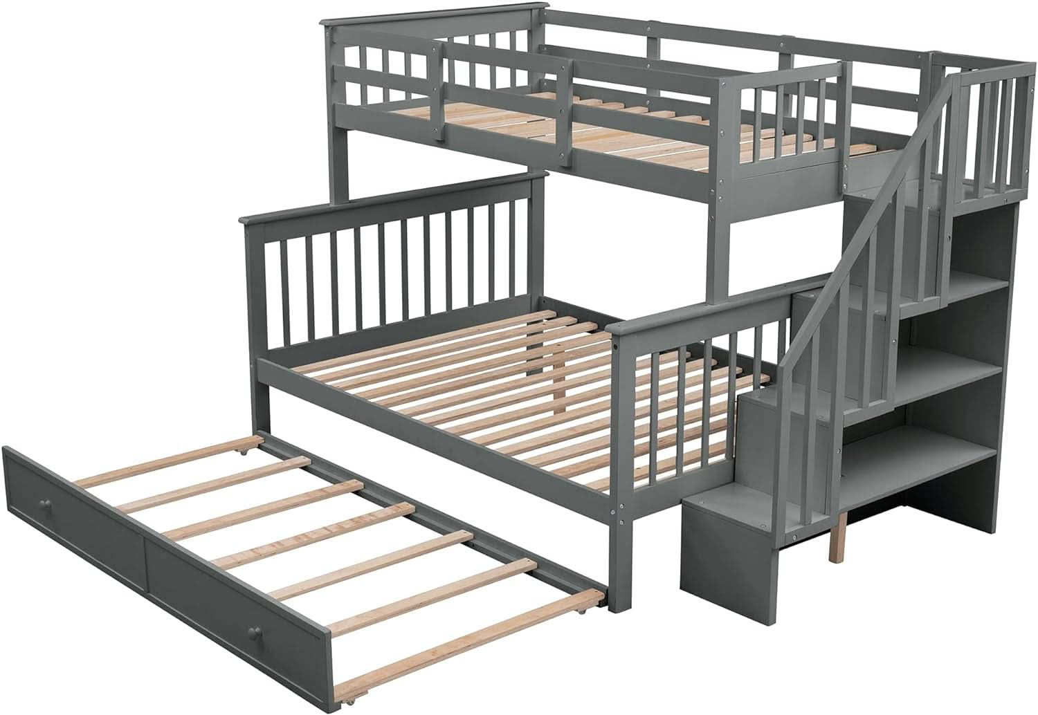 Twin Over Full Bunk Bed With Trundle Storage Shelves Grey