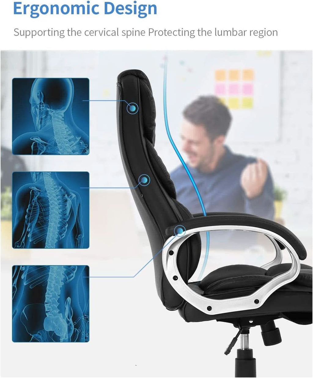 High Back Ergonomic Office Chair PU Leather Black Lumbar
