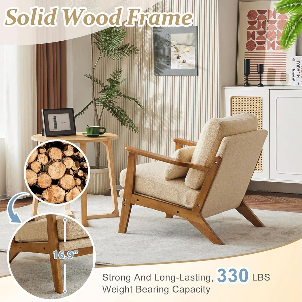 Solid Wood Armchair Khaki Teddy Velvet Upholstery With Pillow
