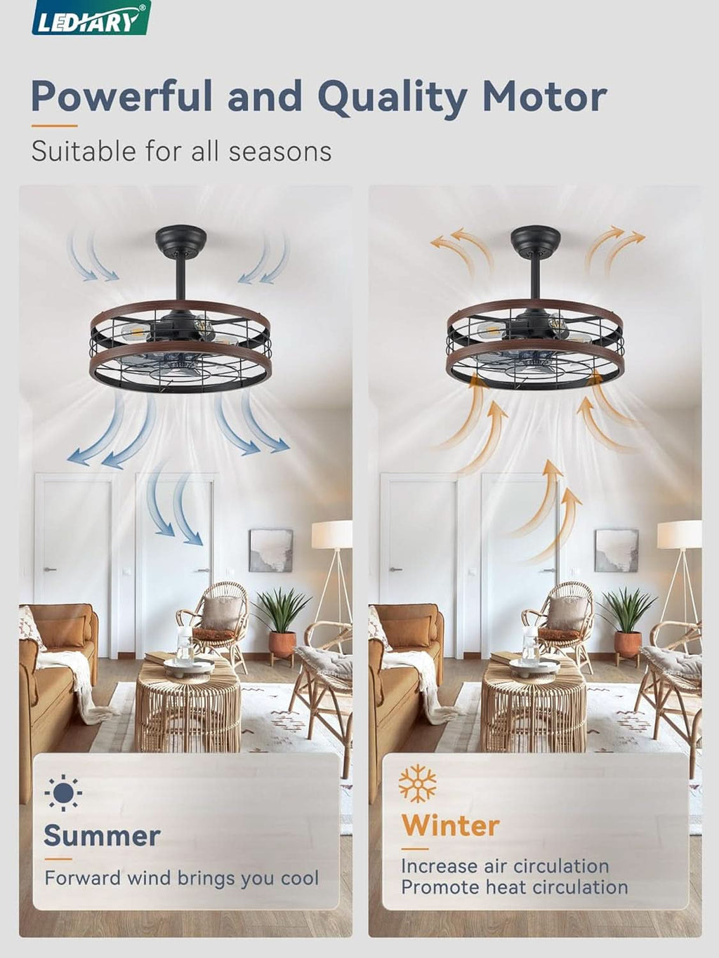 20 Inch Walnut Caged Fandelier Ceiling Fan With Light And Remote Control 6 Speeds With Timing