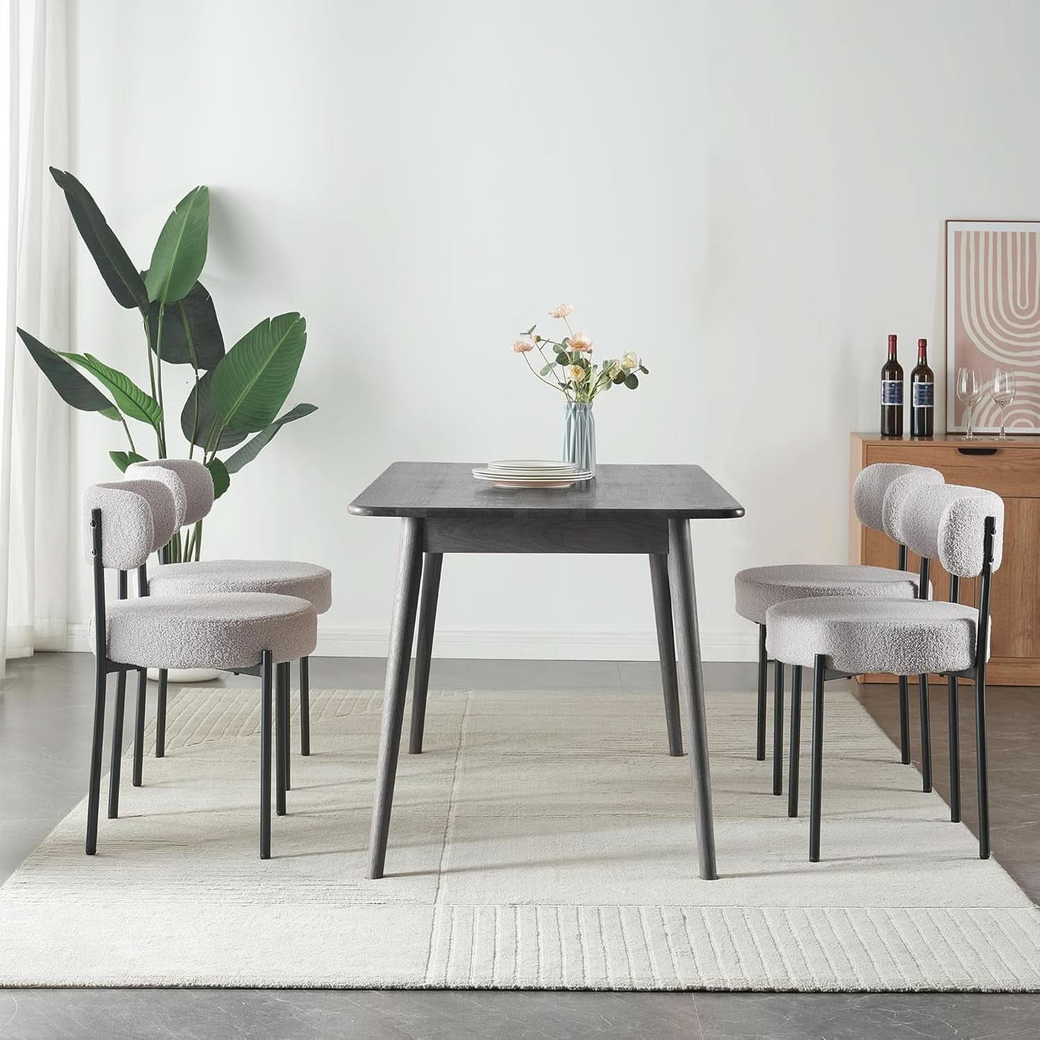 Round Upholstered Boucle Dining Chair Grey With Black Legs
