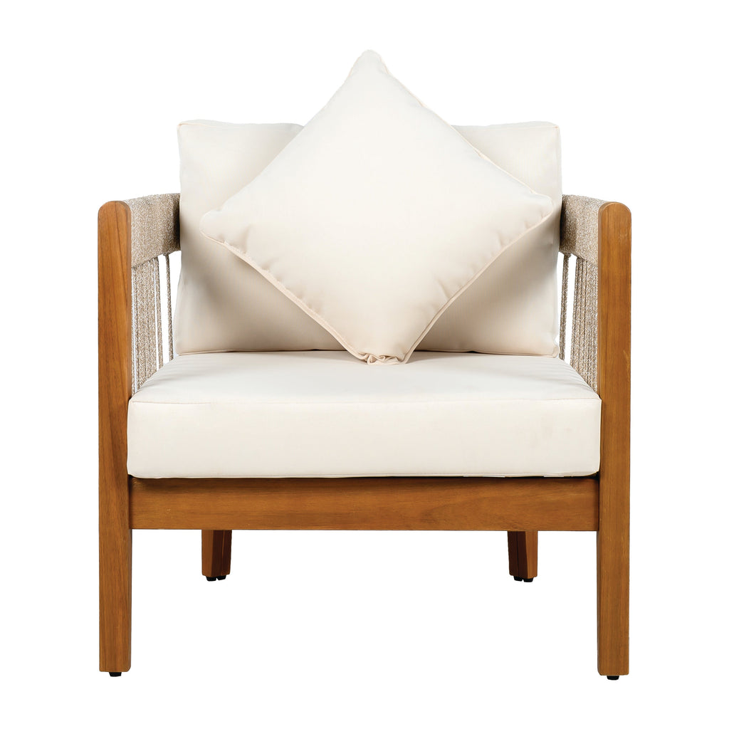 Acacia Wood Outdoor Club Chair with Handwoven Rope Accents & Curved Backrest