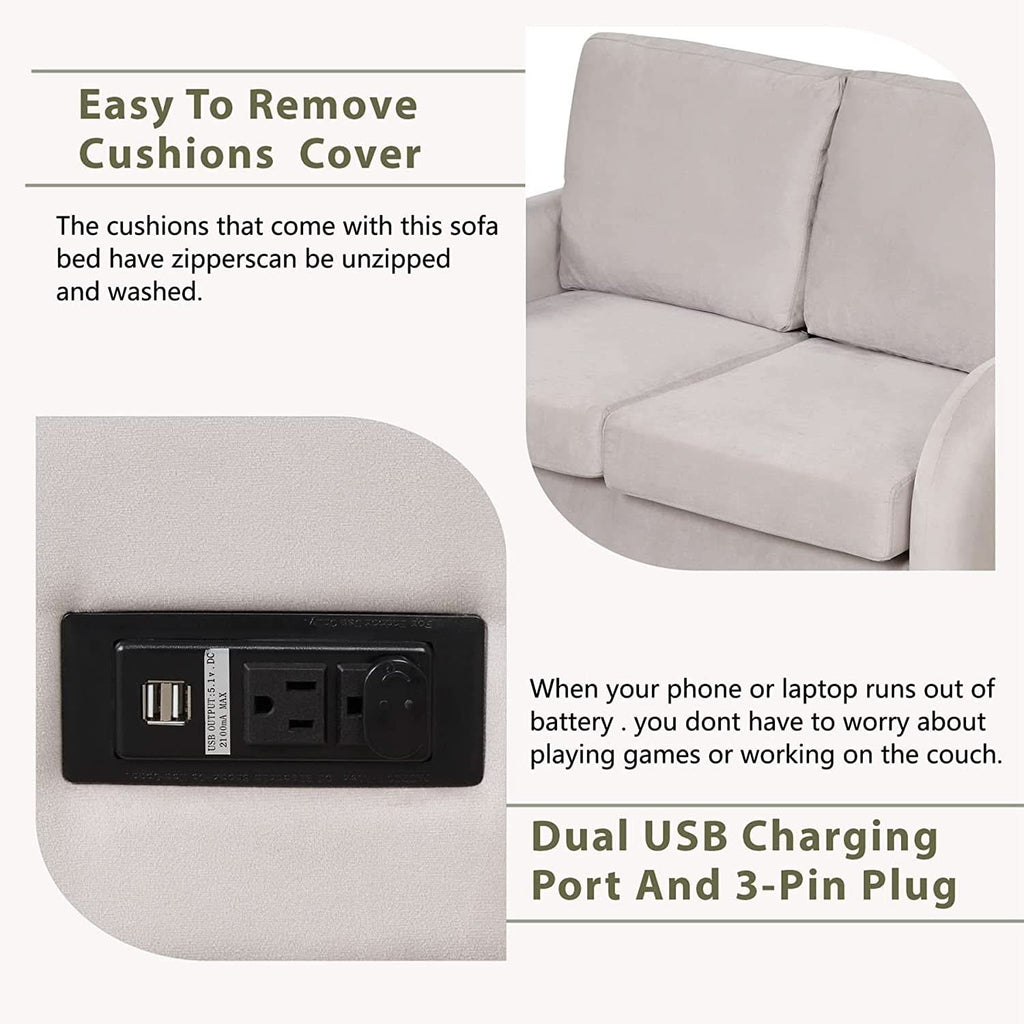 2 In 1 Velvet Sleeper Sofa With USB Port Convertible Loveseat Bed Soft Velvet Upholstery For Small Living Rooms Guests