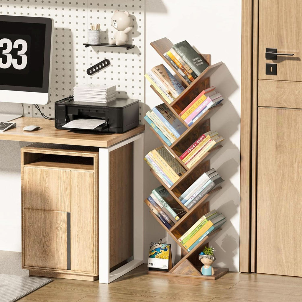 10 Tier Tree Bookshelf Brown Wood Floor Standing Bookcase For Living Room Decor Storage