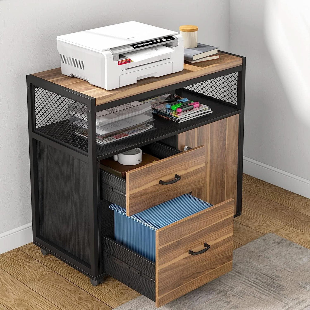 Rustic L Shaped Desk With Storage Cabinet On Wheels