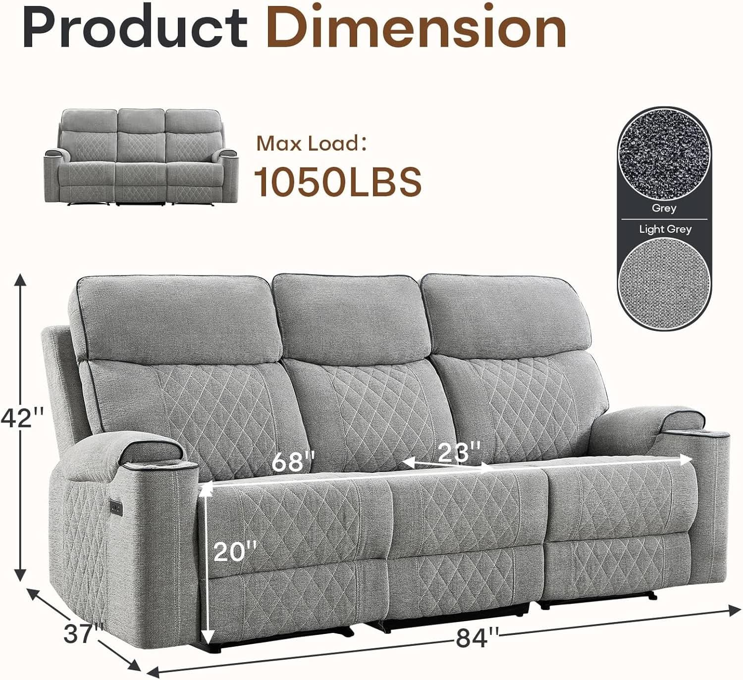 Electric Recliner Sofa USB Type C Ports Light Grey