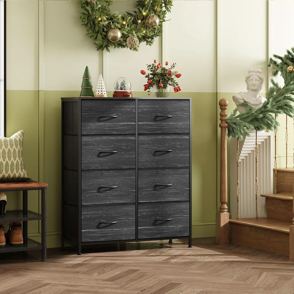 Tall Fabric Dresser With 8 Drawers In Charcoal Black Wood Grain