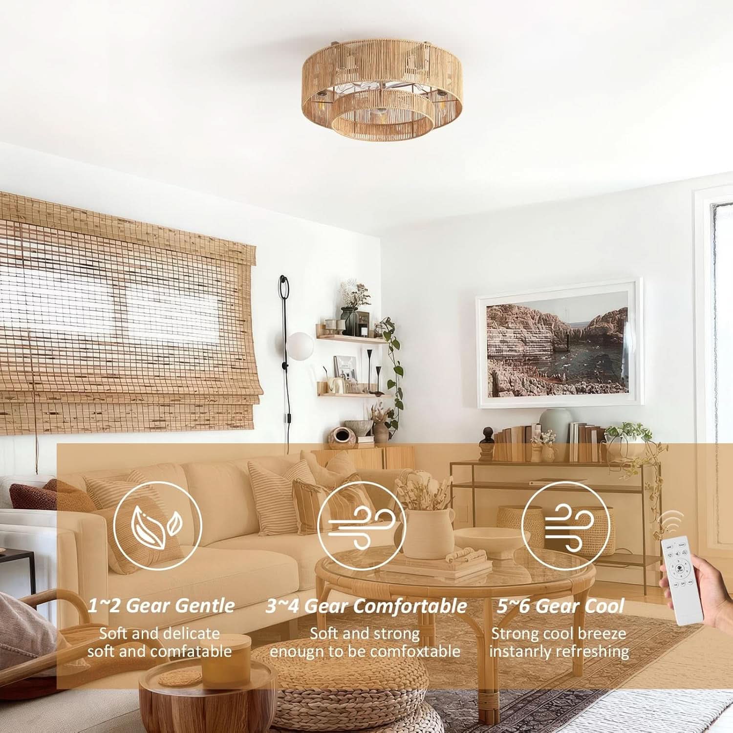 20 Inch Boho Rattan Ceiling Fan With Light And Remote