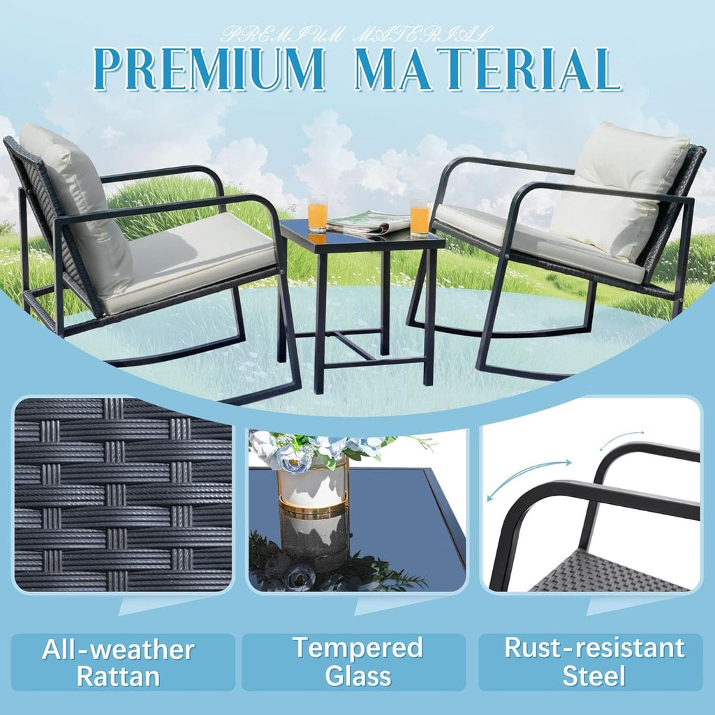 Patio Set 3 Piece White Wicker Rocking With Coffee Table