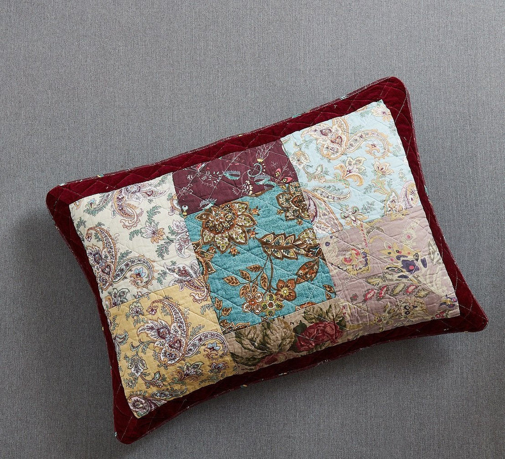 DaDa Bedding Bohemian Burgundy Red Velvet Trim Floral Paisley Patchwork Cotton Bedspread Set (JHW-868)