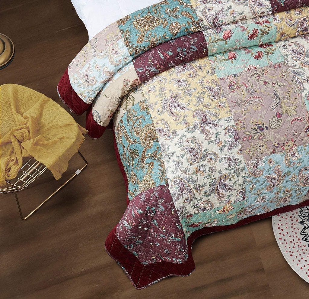 DaDa Bedding Bohemian Burgundy Red Velvet Trim Floral Paisley Patchwork Cotton Bedspread Set (JHW-868)