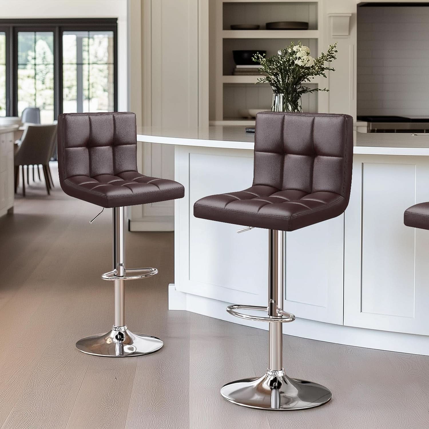 Bar Stools Set Of 2 Adjustable PU Leather Swivel Brown
