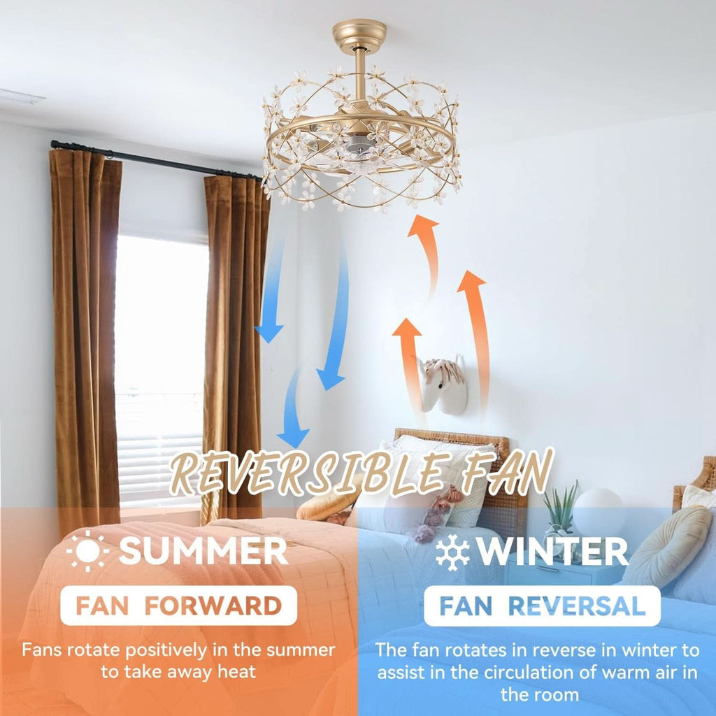 20 Inch Gold Caged Ceiling Fan With Light Remote Control 6 Speed Flower Chandelier Fandelier For Girls Bedroom