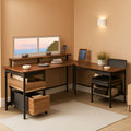 66 Inch Rustic Brown L Shaped Desk With Power Outlet